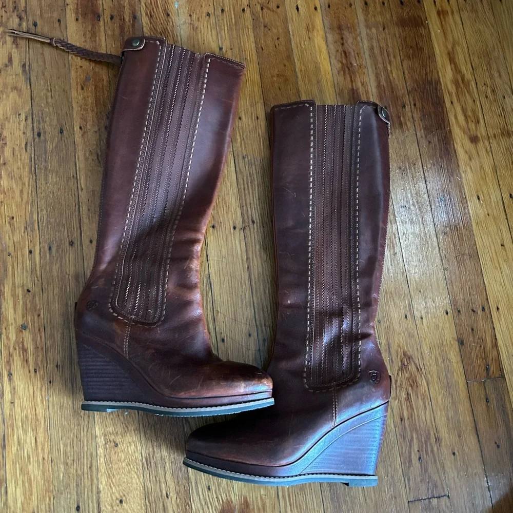 Ariat Brown Leather Knee-High Wedge Boots - Picture 6 of 10